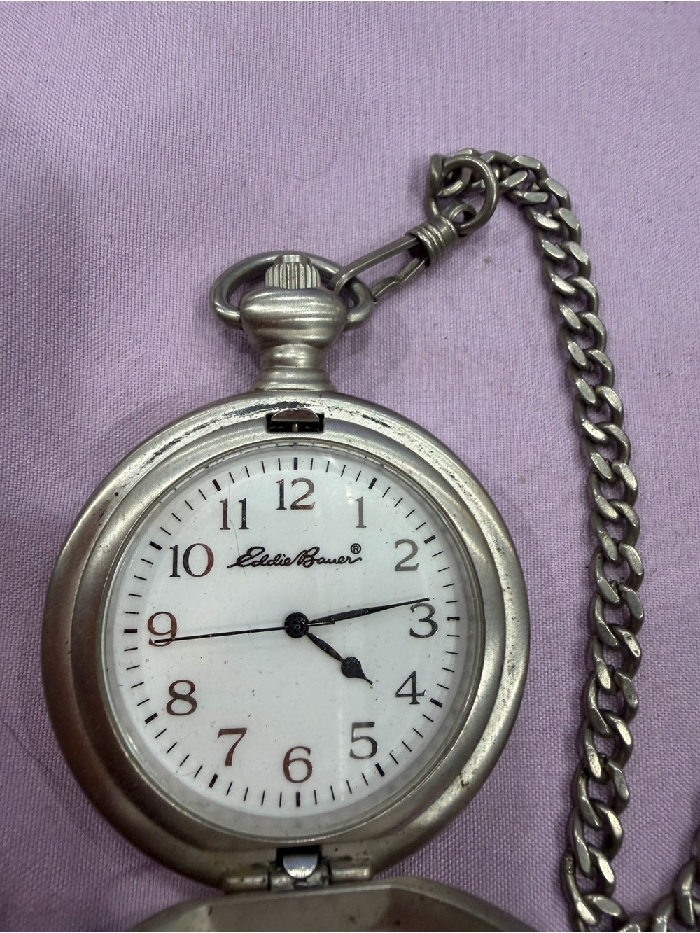 Eddie Bauer Pocket Watch with Chain Silver Tone Quartz